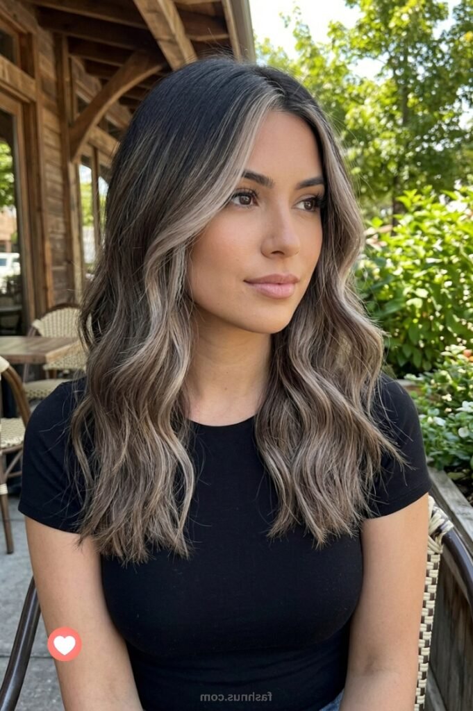 14. Long Loose Wavy Ash Brunette Hair with Cool-Toned Blonde Money Piece
