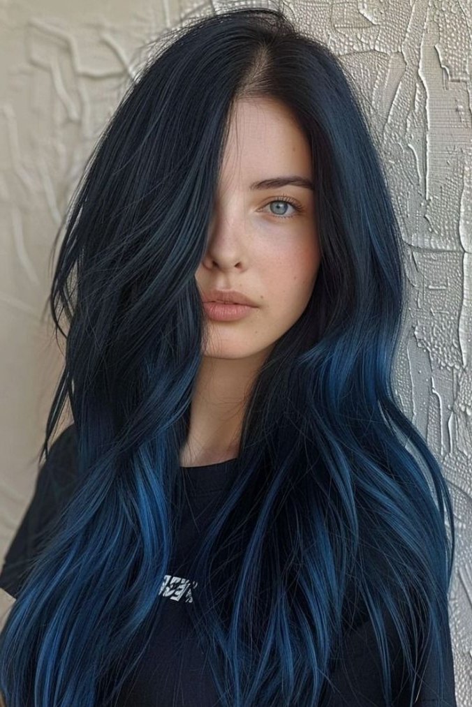 14. (Long Wavy Brunette Hair with Soft Baby Blue Face-Framing Streaks)