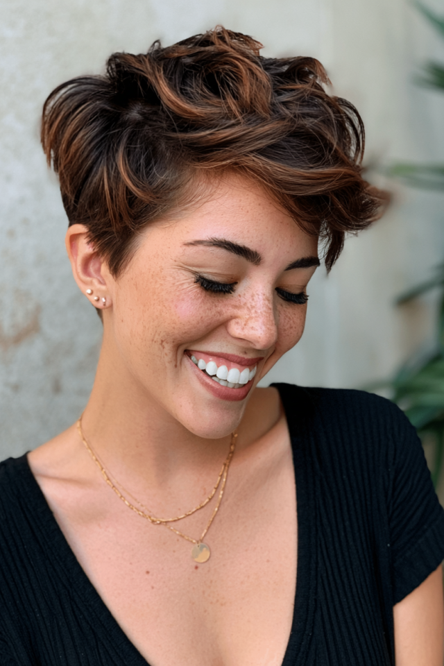 14. Messy Dark Brown Pixie with Subtle Warm Caramel Highlights