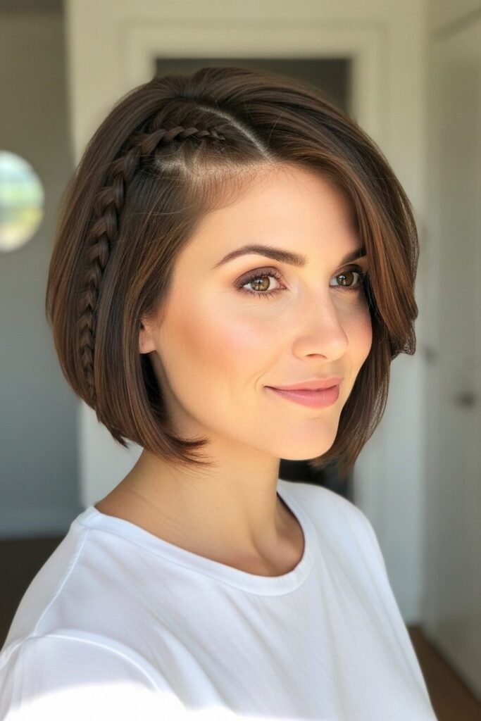 14. Pastel Pink Bob with Crown Accent Braids