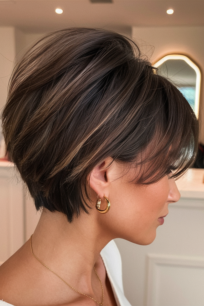 14. Short Textured Dark Brown Stacked Pixie Bob