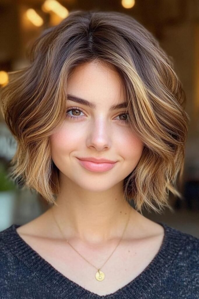 14. Side-Swept Wavy Bob with Warm Honey Highlights