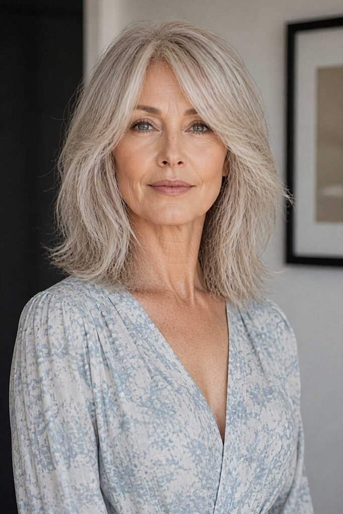 14. Silver Fine Layered Straight Lob with Sweeping Curtain Fringe