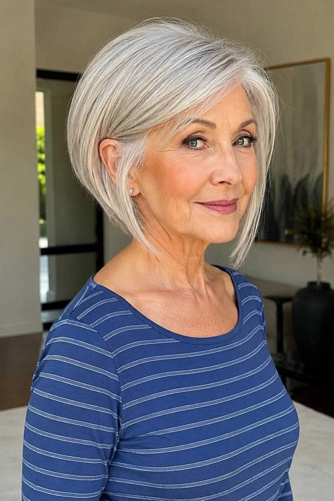 14. Sleek Angled Silver Bob with Side-Swept Bangs