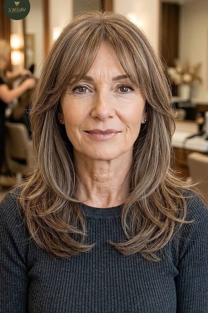 14. Sleek Layered Bronde Collarbone Cut with Curtain Fringe