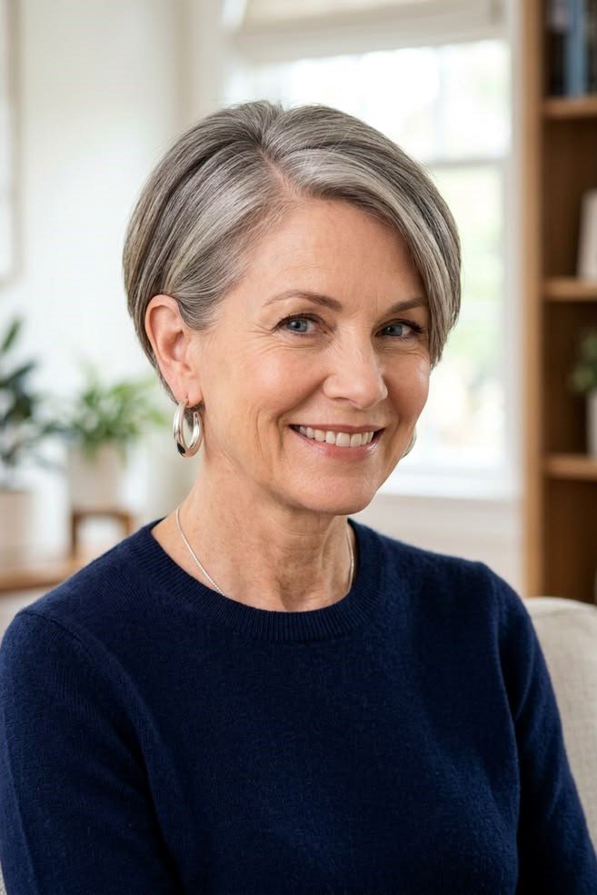 14. Sleek Side-Parted Silver Pixie Bob Tuck