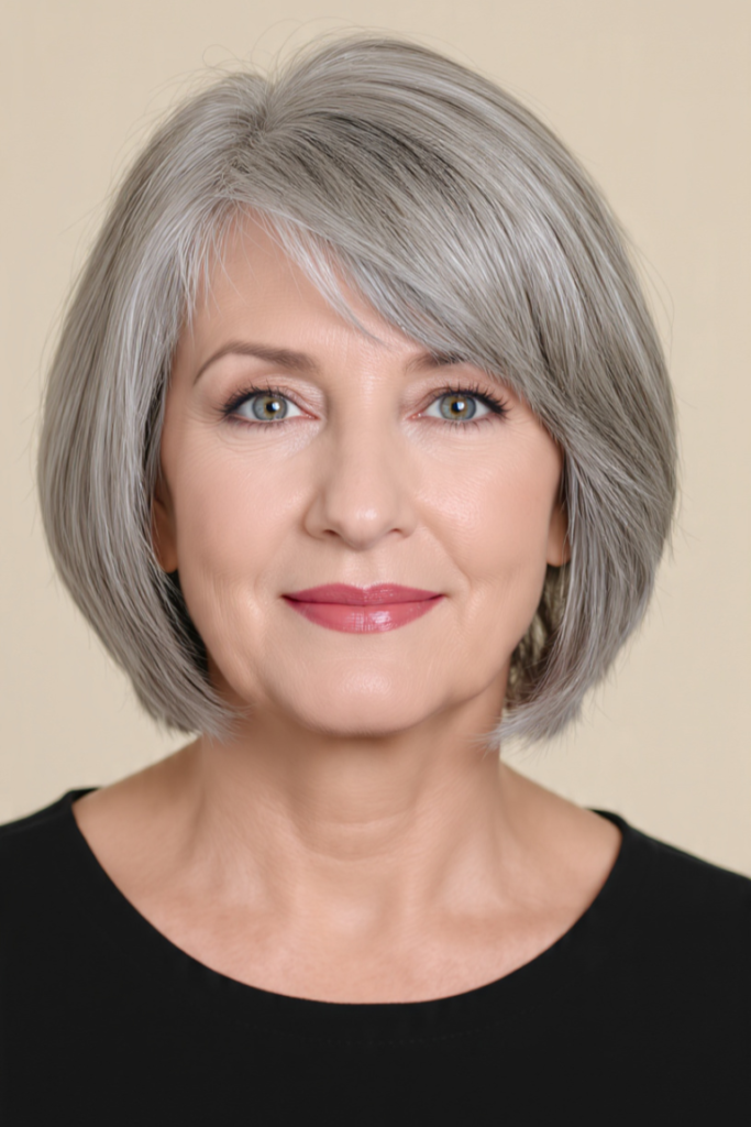 14. Sleek Silver Rounded Bob with Side Bangs