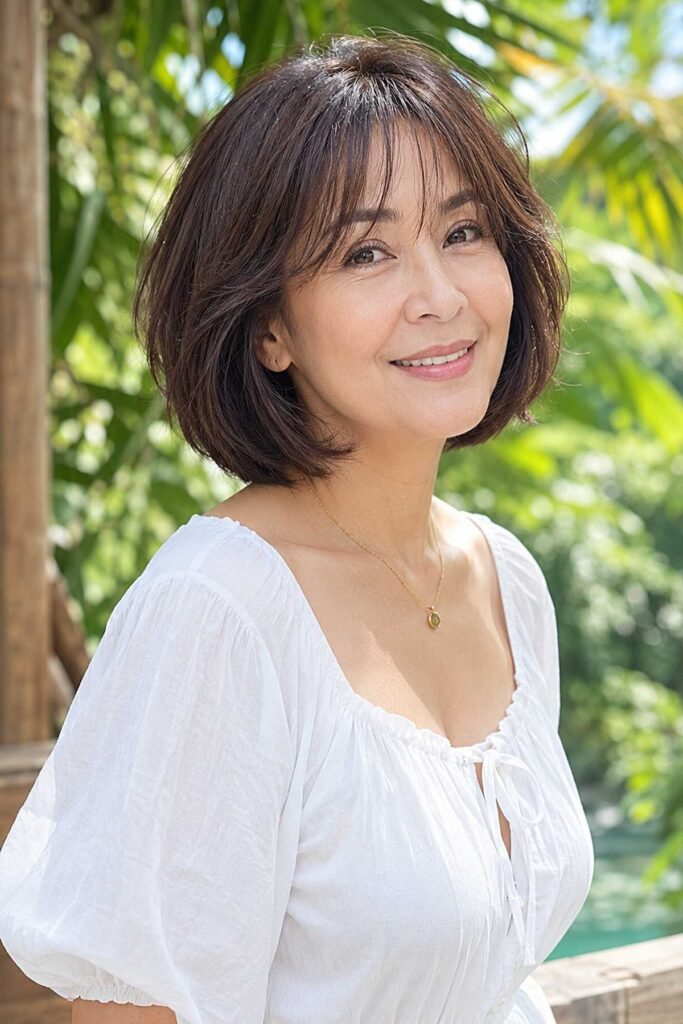 14. Soft Layered Chocolate Bob with Light Wispy Bangs