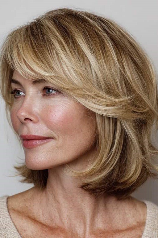14. Soft Layered Honey Blonde Bob with Swept Bangs