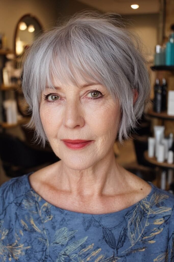 14. Soft Lilac-Silver Bob Cut with Wispy Curtain Bangs