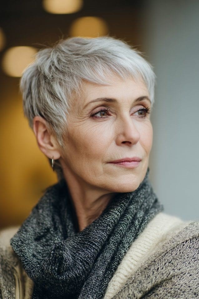 14. Ultra-Short Tapered Silver Pixie with Soft Micro Bangs