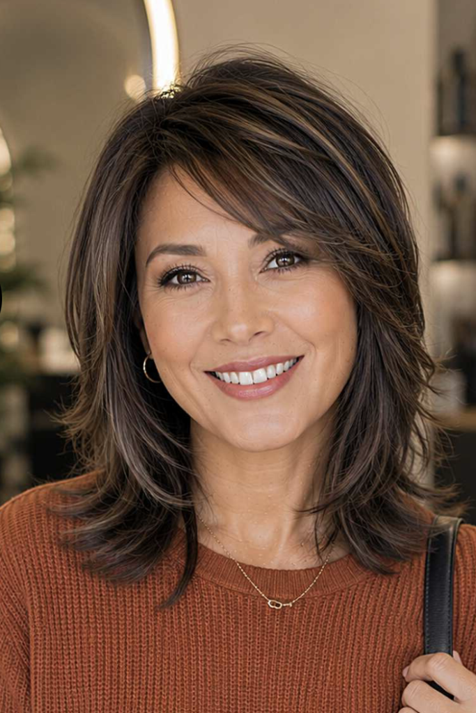 14. Voluminous Layered Dark Ash Cut with Soft Side Fringe