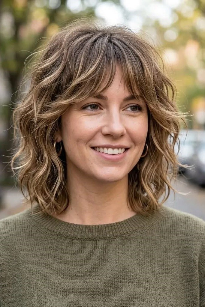 14. Wavy Honey Blonde Highlighted Shag with Curtain Bangs
