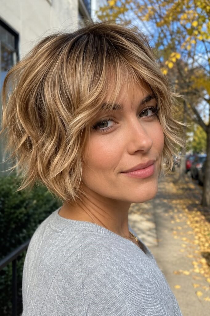 14. Wavy Honey Blonde Shaggy Bob with Curtain Bangs