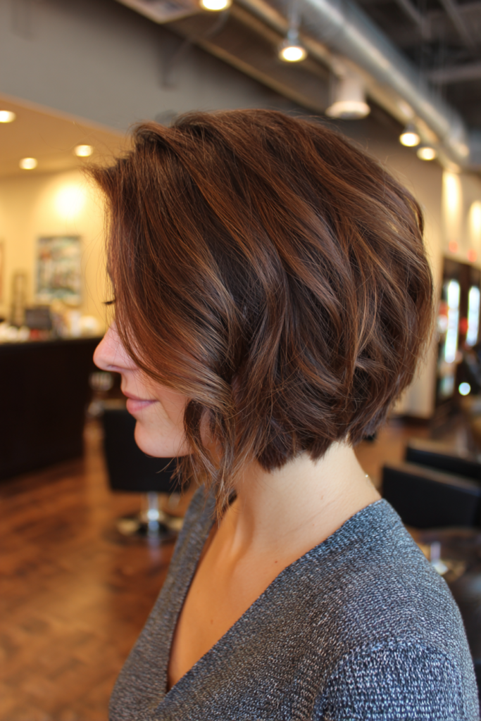 15. Angled Brunette Bob with Soft Loose Waves