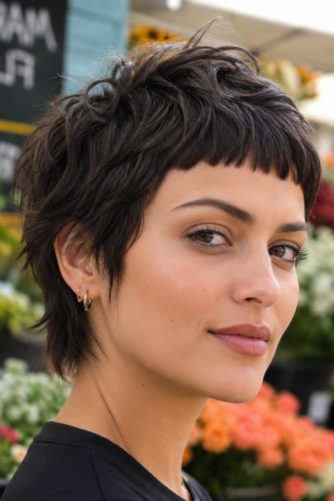 15. Choppy Dark Brown Shaggy Pixie with Ultra-Short Micro Bangs