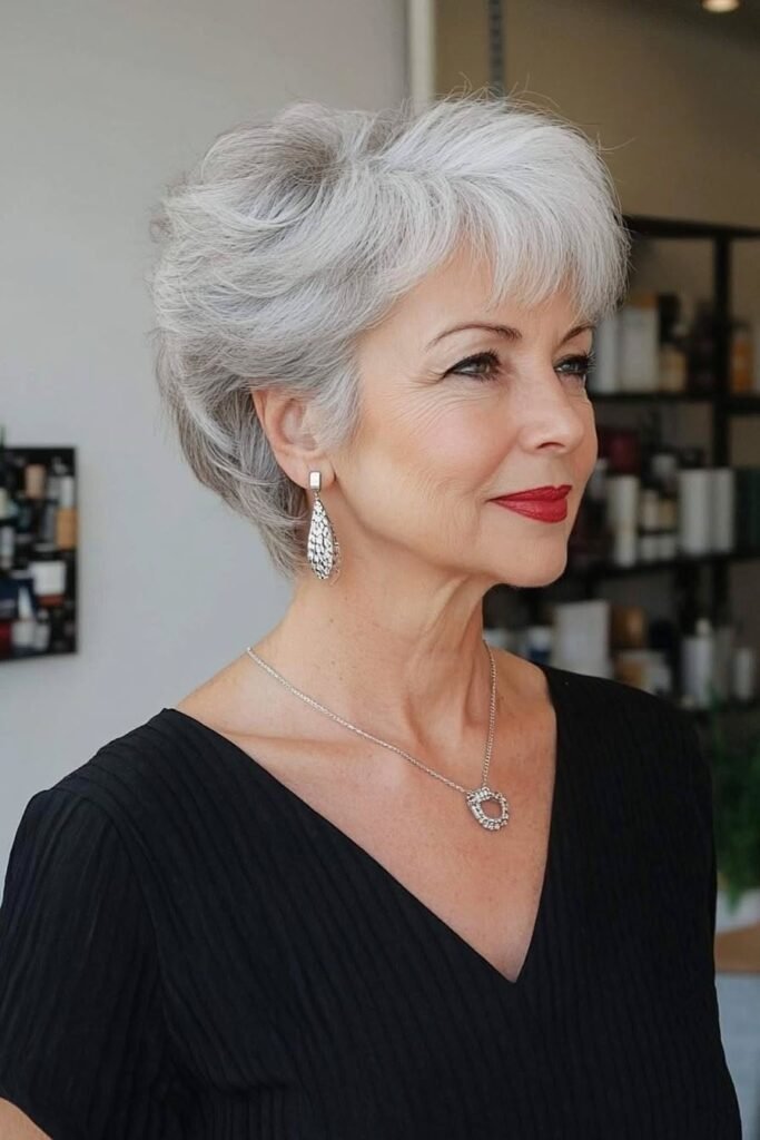 15. Classic Feathered Silver Bob with Soft Bangs