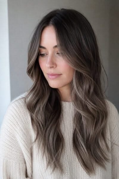 15. Cool Ash Brunette Hair with Soft Taupe Tone-on-Tone Balayage and Center Parting