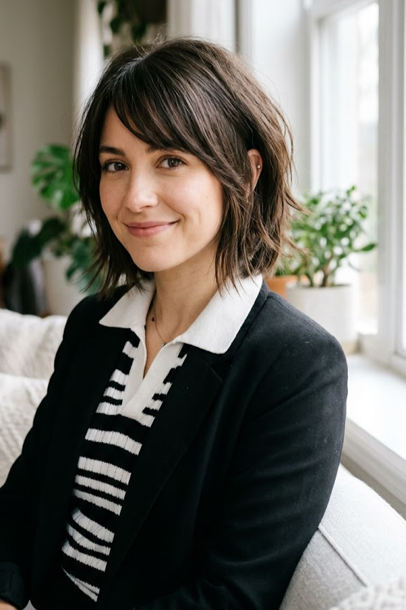 15. Dark Brunette Soft Layered Bob with Side-Swept Curtain Bangs