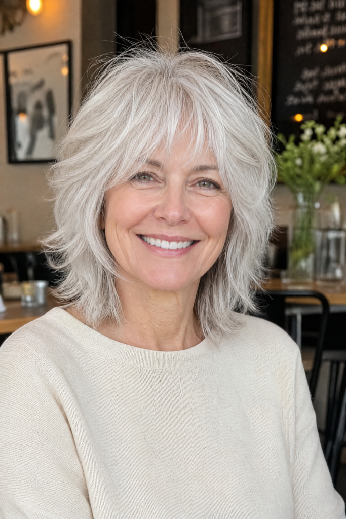 15. Feathered Silver Shag with Full Fringe Bangs