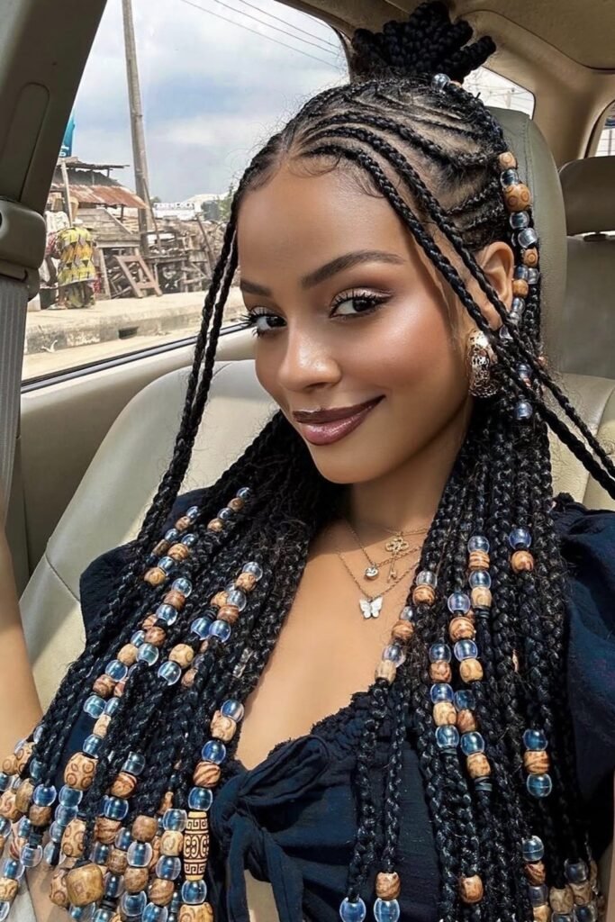 15. Half-Up Braided Top Knot with Wooden and Clear Beads