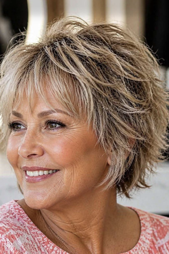 15. Highlighted Ash Blonde Shag Cut with Textured Spiky Layers and Bangs