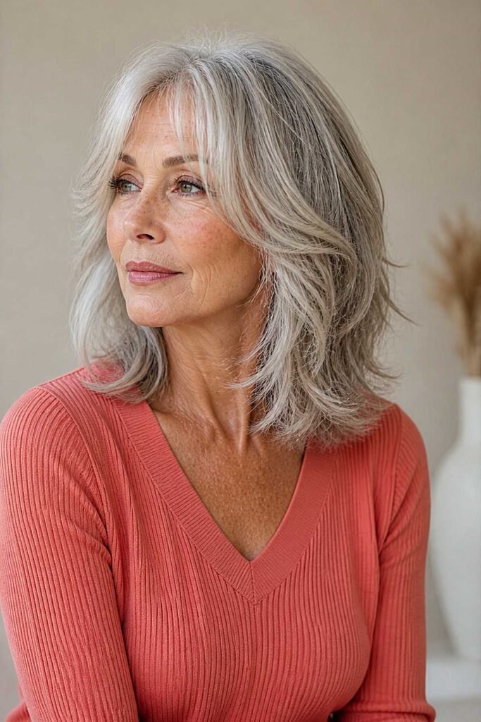 15. Layered Silver Shag Lob with Wispy Curtain Bangs