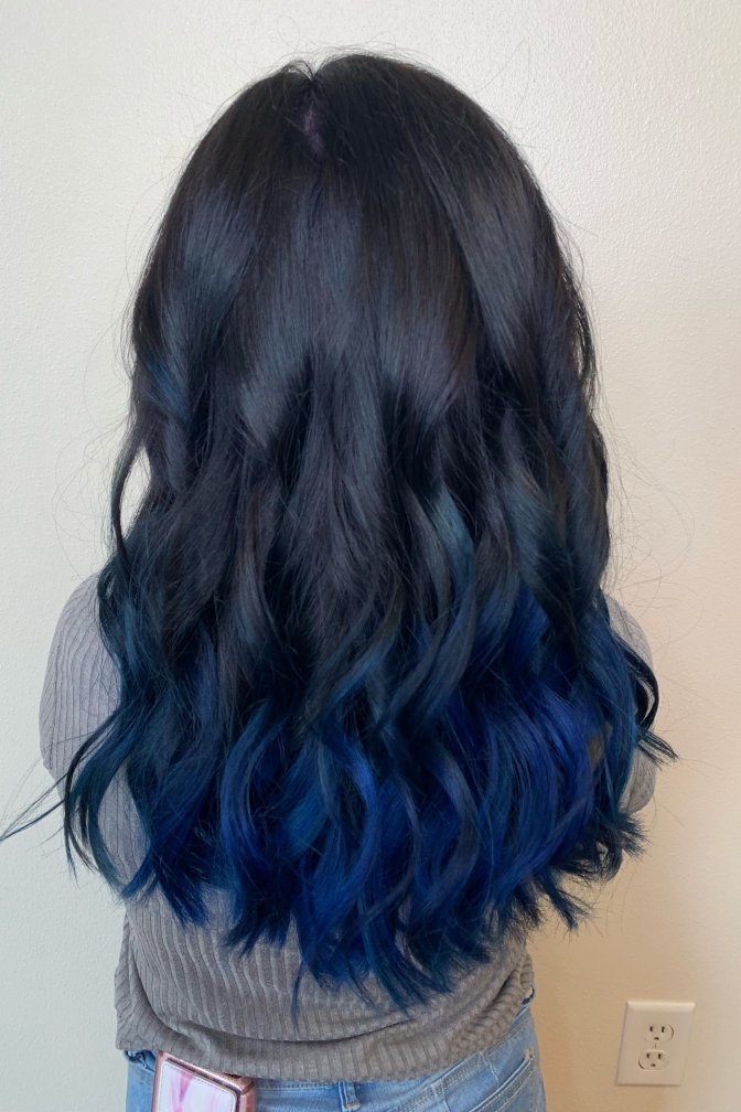 15. (Long Layered Dark Brown Hair with Rich Navy Blue Balayage)