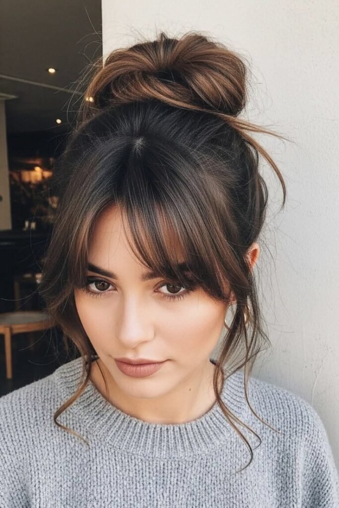 15. Messy High Topknot with Wispy Curtain Bangs and Tendrils