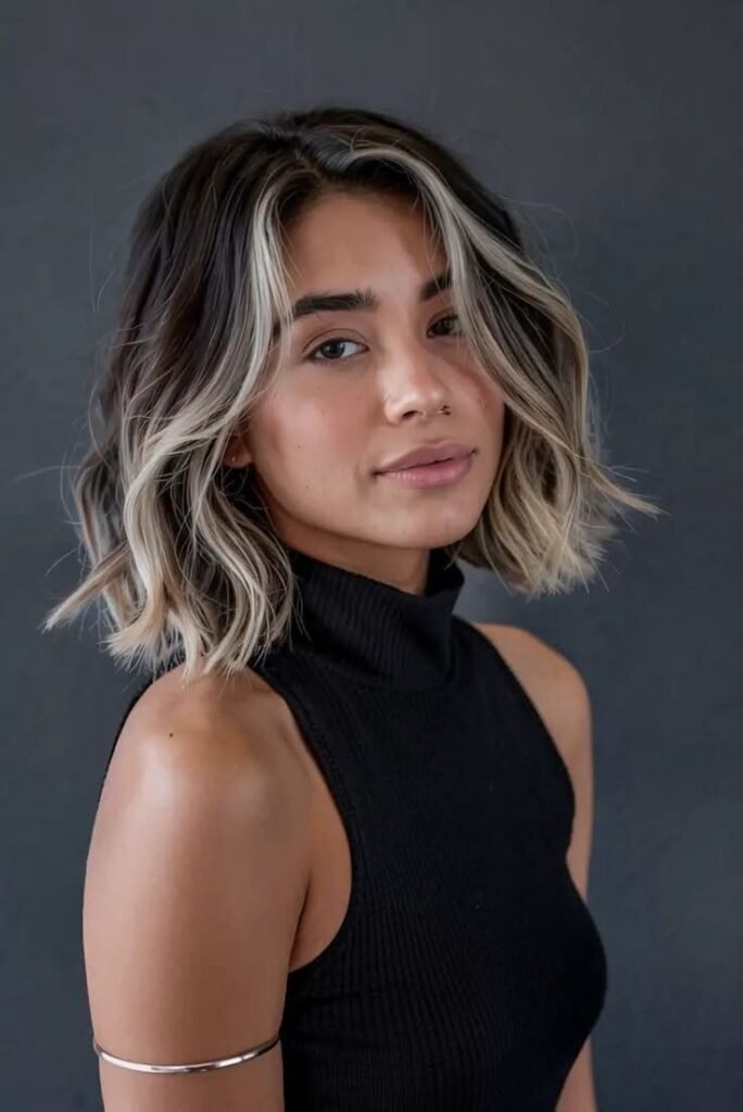 15. Short Textured Dark Brunette Bob with Platinum Ombre Money Piece