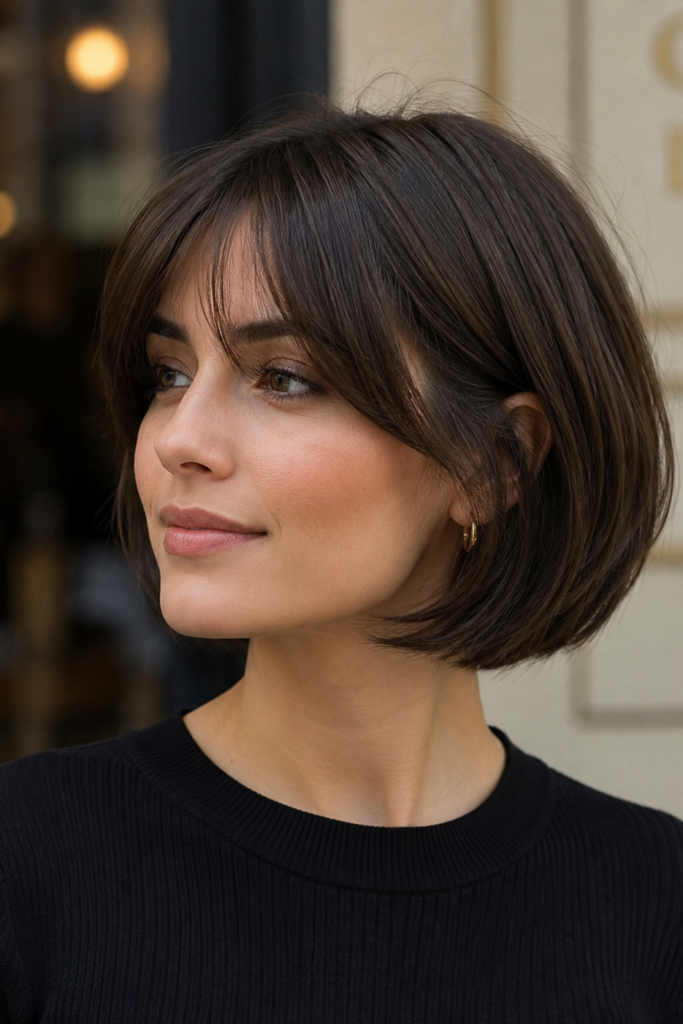 15. Sleek Dark Brown French Bob with See-Through Curtain Bangs