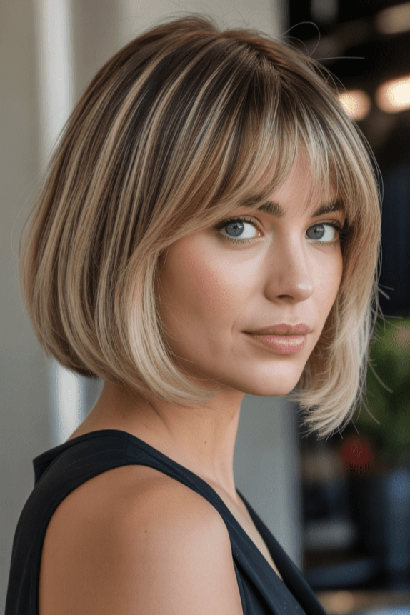 15. Smooth Highlighted Blonde Bob with Curtain-Framed Fringe
