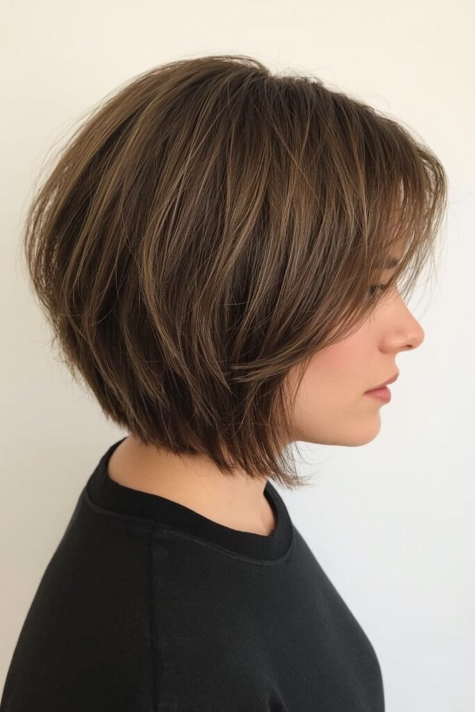 15. Soft Feathered Medium Brown Layered Bob