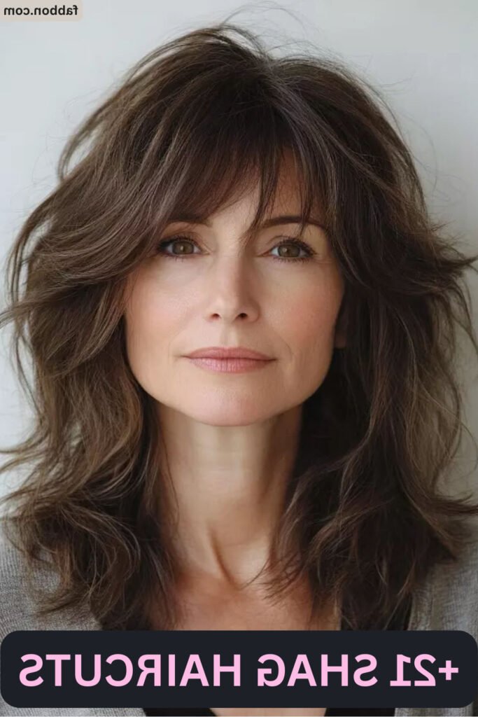15. Soft Layered Medium Brown Shag Cut with Wispy Side Bangs