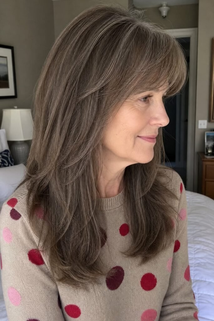 15. Soft Soft-Brunette Long Layered Cut with Gentle Eyebrow Fringe
