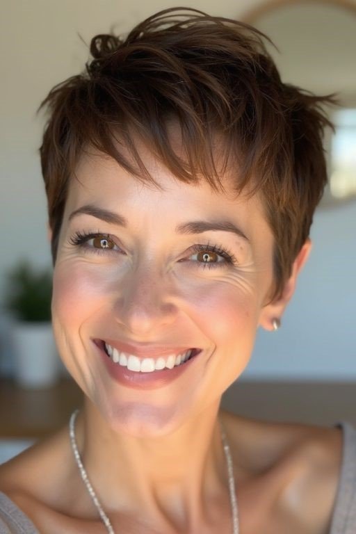 15. Tapered Brunette Pixie Shag with Textured Crown