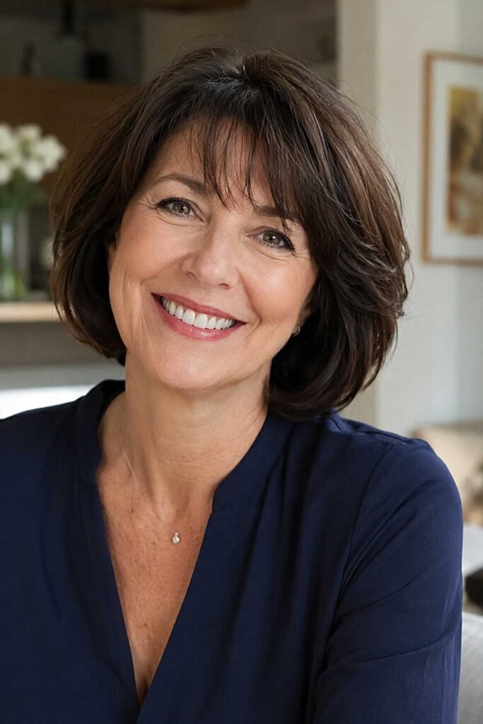 15. Voluminous Dark Brown Layered Bob with Soft Bangs