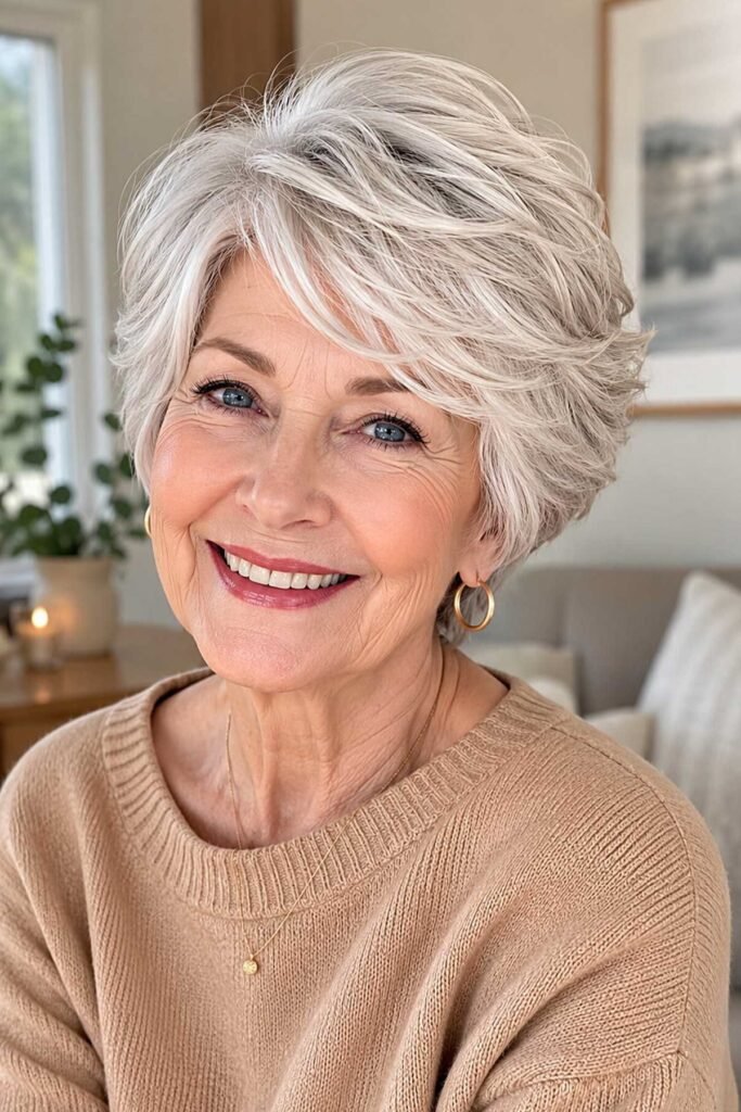15. Voluminous Layered Platinum Silver Pixie Bob with Side-Swept Bangs