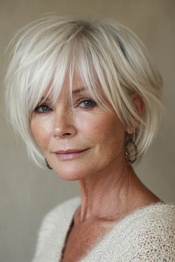 15. Voluminous Platinum Blonde Bob with Wispy Bangs