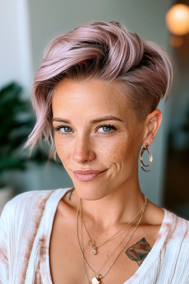 15. Voluminous Rose-Gold Pink Pixie Cut with Side Undercut