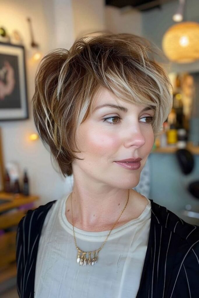 15. Voluminous Textured Layered Pixie Cut with Blonde Highlights