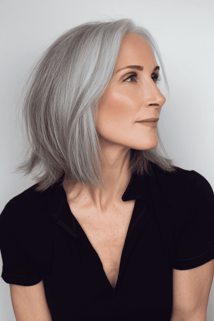 16. Blunt Silver Collarbone-Length Bob with Side Part