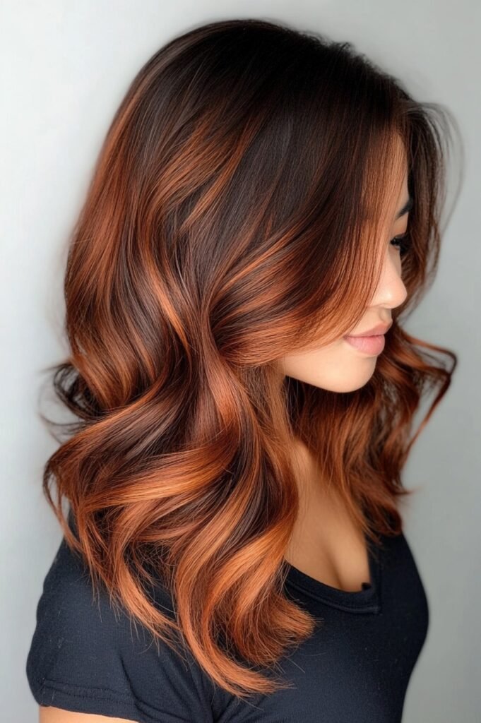 16. Bold Face-Framing Copper Waves on Dark Brunette Hair