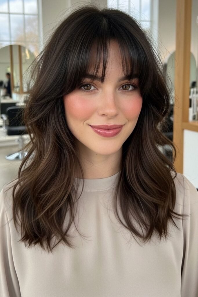 16. Dark Brown Soft Layered Lob with Wispy Straight-Across Bangs