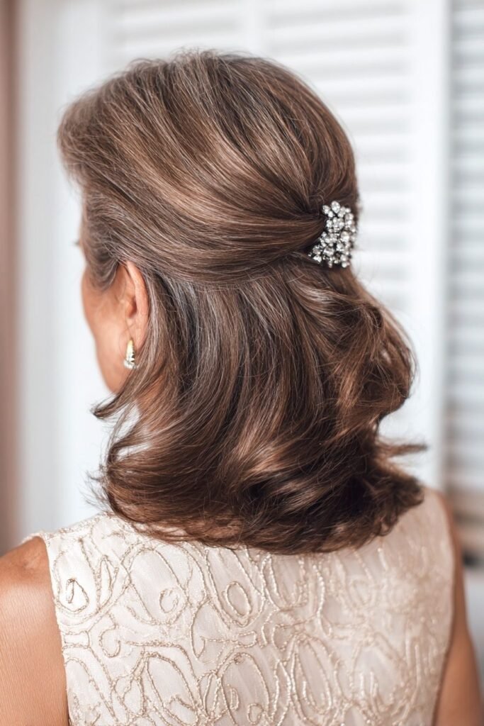 16. Half-Up Swept-Back Style Secured with a Sparkly Hair Clip