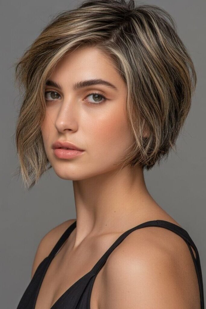 16. Layered Blonde Balayage Bob with Deep Side Part