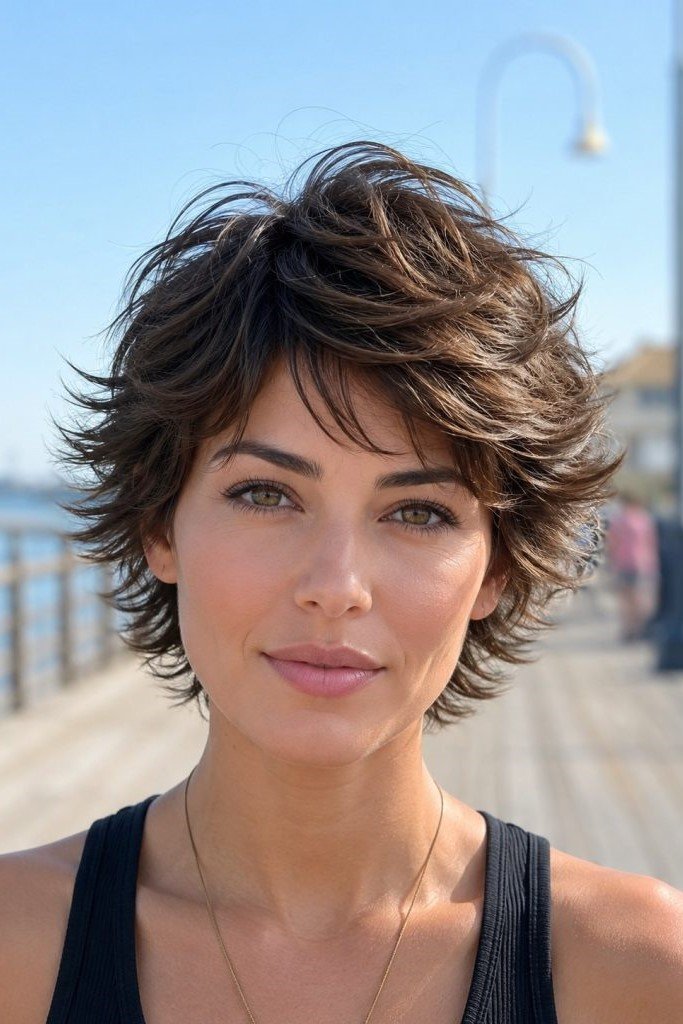 16. Layered Brunette Pixie-Bob with Feathered Face-Framing Waves