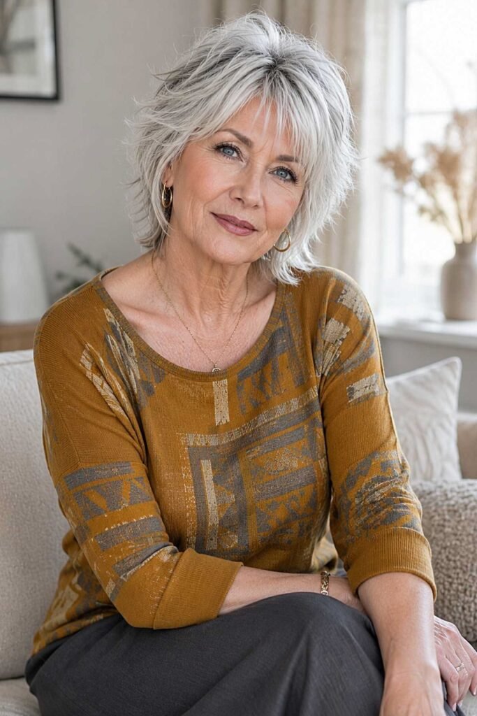 16. Layered Silver-Gray Bob with Wispy Bangs and Feathered Ends