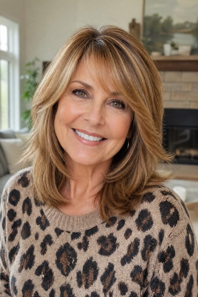 16. Layered Warm Blonde Lob with Sweeping Side Bangs
