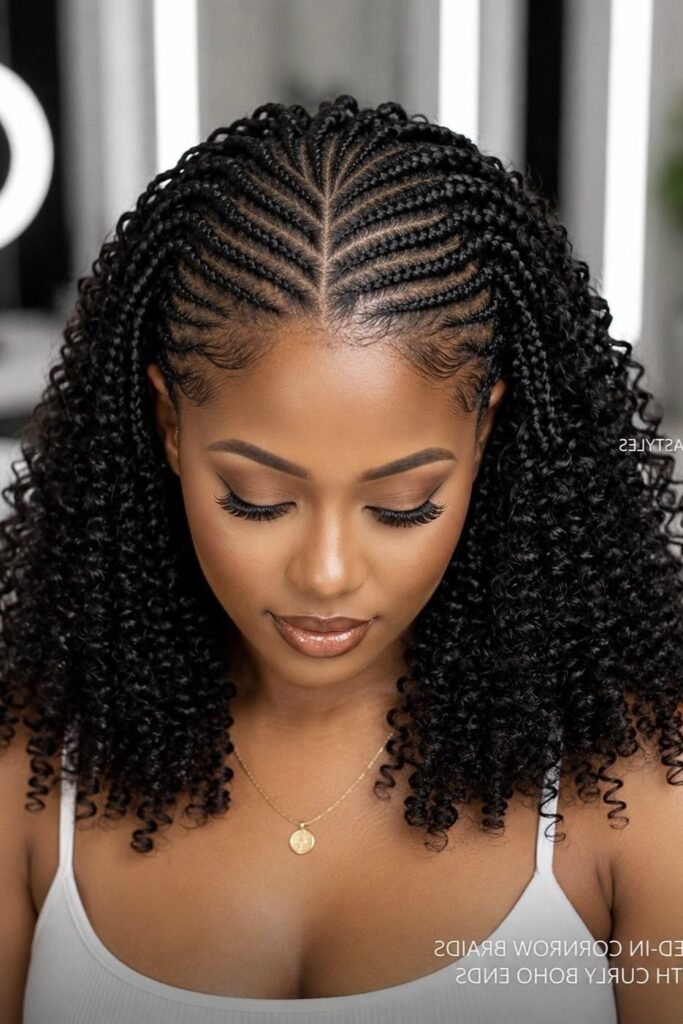 16. Middle-Part Feed-In Cornrows with Soft Boho Curls